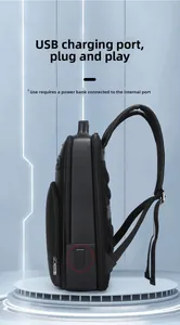 Detail view of business laptop backpack featuring external USB charging port on side