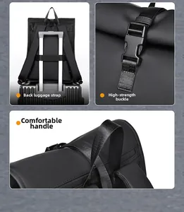 Detail view of the luggage strap, high-strength buckle, and padded handle on the black backpack