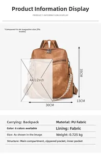 Detailed size comparison guide for a large brown PU leather backpack with A4 dimensions