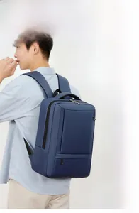 Detail view of water-resistant deep blue business backpack with ergonomic padded straps