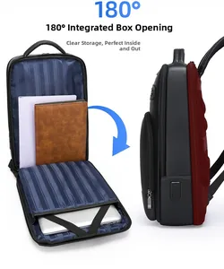 Detail of black PU business backpack featuring 180 degree suitcase style opening for laptop