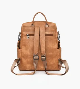 Rear view of brown vintage leather backpack showing straps and zipper pocket detail