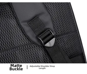 Close-up of matte buckle and breathable mesh padding on a large business backpack