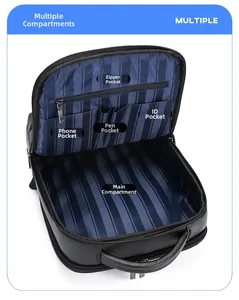 Detailed view of the internal compartments, zipper pocket, and striped lining of the backpack