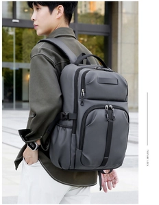 Close-up of a large grey laptop backpack in high-density waterproof fabric for men