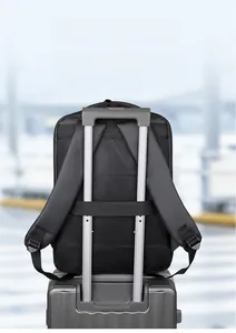 Detail of laptop backpack with luggage strap and breathable 3D mesh back padding