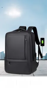 Detail of multi-compartment laptop backpack with external USB port for 15.6 inch laptop