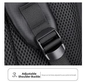 Detail view of adjustable plastic buckle on breathable mesh back panel of the backpack