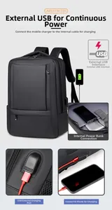 Detail view of water-resistant business laptop backpack with external USB charging port
