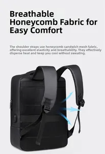 Detail of breathable honeycomb mesh back panel and USB port on black business backpack
