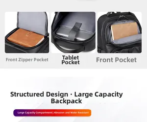 Detail view of large capacity black backpack with tablet pocket and front zipper compartment