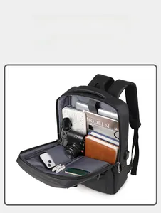 Macro shot of large capacity black backpack with organized laptop and camera compartments