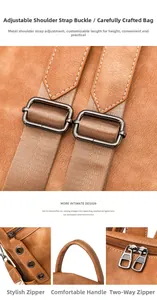 Detail view of brown leather backpack showing adjustable straps and metal hardware