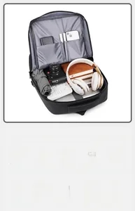 Detail view of large capacity business backpack with organized multi-layer storage compartments