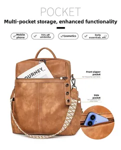 Brown vintage leather backpack detail showing front zipper pocket and spacious compartments