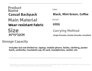 Detailed size chart for the large travel backpack showing dimensions of 45x15x32cm