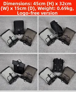 Detail view of large capacity waterproof backpacks with buckle closure and size specs