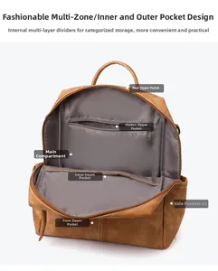 Detailed internal structure of brown faux leather backpack with multiple zip pockets