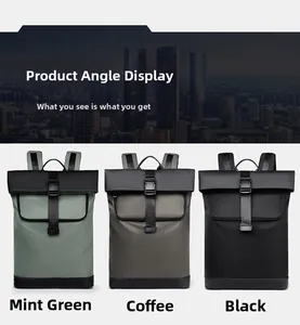 Detailed display of minimalist backpack in mint green, coffee brown and black colors