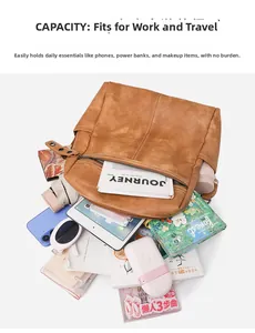 Brown backpack showing large capacity for tablet, books, and travel essentials