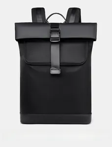 Front view of black roll-top backpack with waterproof matte finish and buckle strap