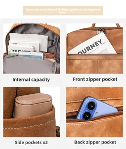 Detail showing multi-pocket storage system of brown vintage leather backpack
