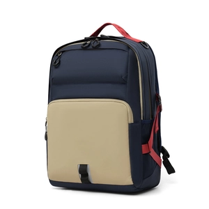 Deep blue and khaki large capacity commuter backpack with vibrant red functional straps