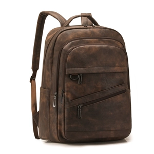 Sac à dos vintage marron grande capacité en cuir mat avec de nombreuses poches