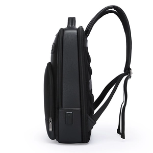 Men's minimalist black PU leather business backpack with USB charging port and multi-layers