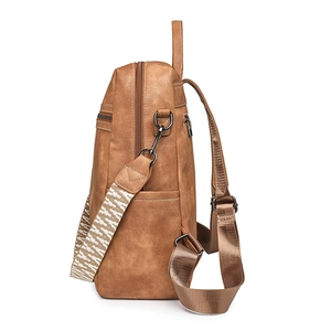 Brown leather backpack with retro geometry woven straps and large capacity for women