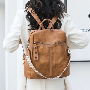 Brown vintage faux leather backpack for women featuring stylish white woven strap detail