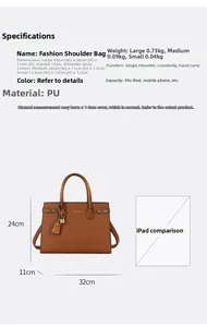 Guida alle taglie della borsa tote marrone in pelle PU con confronto dimensioni per iPad