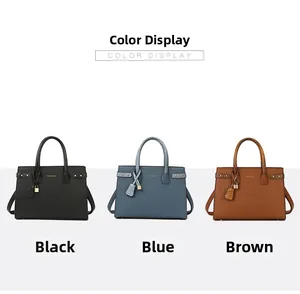 Set di tre borse tote in nero, blu e marrone con trama a grana e lucchetto dorato decorativo