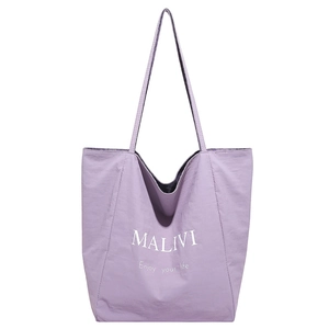 Minimalist lavender nylon tote bag with MALIVI logo and Enjoy your life print