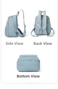 Detailed views of the light blue backpack showing side profile, back straps, and bottom