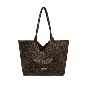 Large leopard print canvas tote bag with long shoulder straps and our fave logo plate