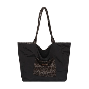 Black canvas tote bag with leopard print pockets and large capacity shoulder design