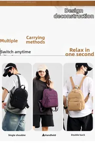 Close-up showing three carrying ways of lightweight backpack: shoulder, hand, and back carry