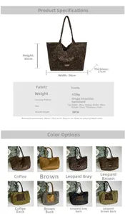 Detailed size chart for large leopard canvas tote showing dimensions 38x33x21cm and 30cm handle