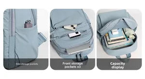 Detail showing multi-pocket storage system with side pouches and three front zip sections