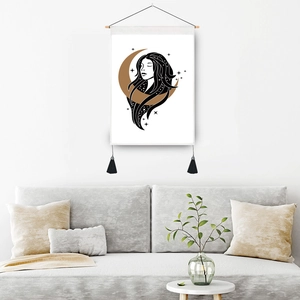 Minimalist wall tapestry with golden moon and star art on white canvas for home decor