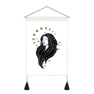 Bohemian moon phase tapestry with woman silhouette and golden star accents on white canvas