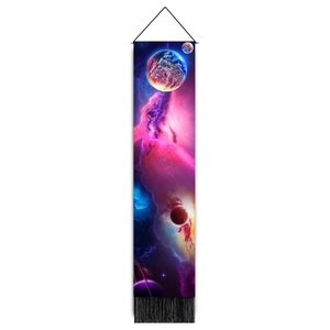 Cosmos moon tapestry with pink nebula planets and black tassels for bedroom wall decor