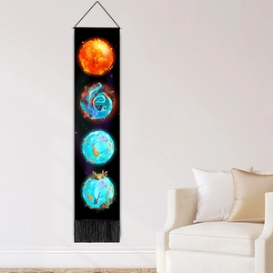 Solar system planets wall tapestry with four elemental globes and black fringe decor