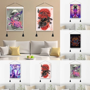 Skull Oriental Mythical Tapestry Polyester Cotton Wall Hanging With Tassel And Wood Rod Psychedelic Art Scroll Decor