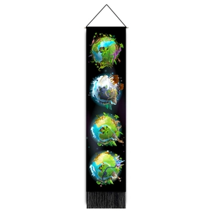 Solar system Earth evolution wall hanging tapestry with black fringe and vertical artwork