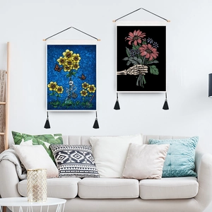Vintage skull tapestry wall hanging set with floral patterns and black fringe tassels