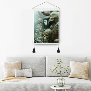 Gothic skull and girl tapestry wall hanging with wood pole and black tassels for home decor