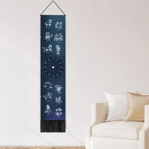 Vertical 12 zodiac signs canvas wall banner with starry sky theme and black bottom tassels