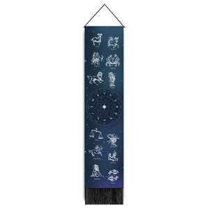 Vertical 12 zodiac signs canvas banner with astrological compass and black fringe decor